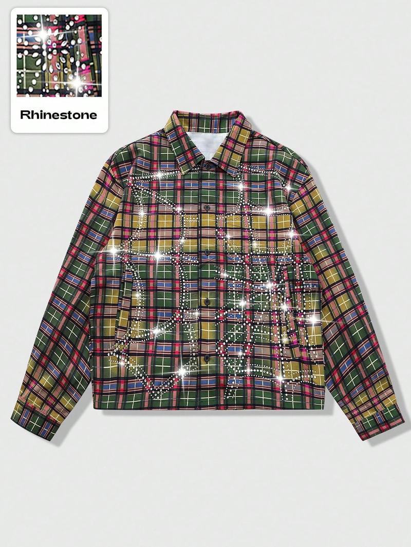 Men's Vintage Plaid Shirt with Rhinestones, Street Style Fashion, Casual Long Sleeve, Soft Comfortable Fabric, Casual Stylish Menswear