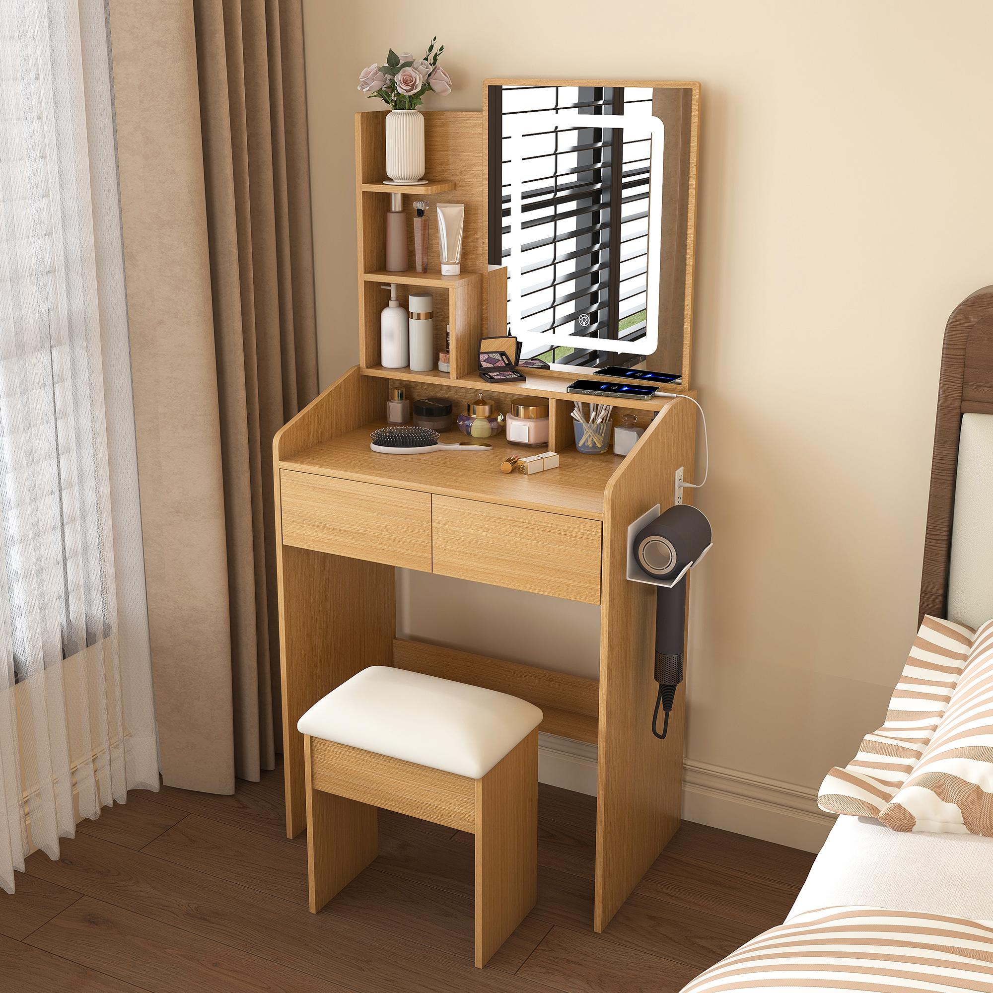 Small Vanity Desk with Mirror and Lights, Makeup Vanity Table with Power Outlet & 2 Drawers & 4 Shelves & Stool,Dressing Table Set for Bedroom, 3 Color Mode, Wood