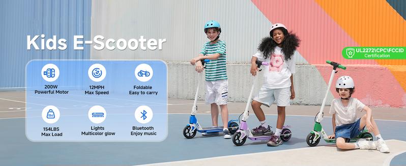 【Valentine's Day】 Electric Scooter, 12 MPH Speed, with Music, 5-9 Miles Range, 200W Motor,  Disc Brakes, UL Lithium Battery,  6.5-Inch Solid Tires Foldable Electric Scooter for Kids Ages 6-14