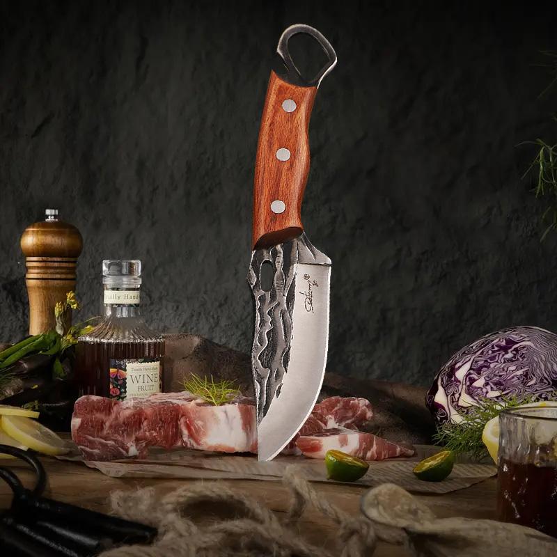 High carbon steel chef's knife, barbecue knife, vegetable knife, fixed blade, solid wood handle, with sheath, suitable for professional cutting, home, camping barbecue cooking, also a great gift.
