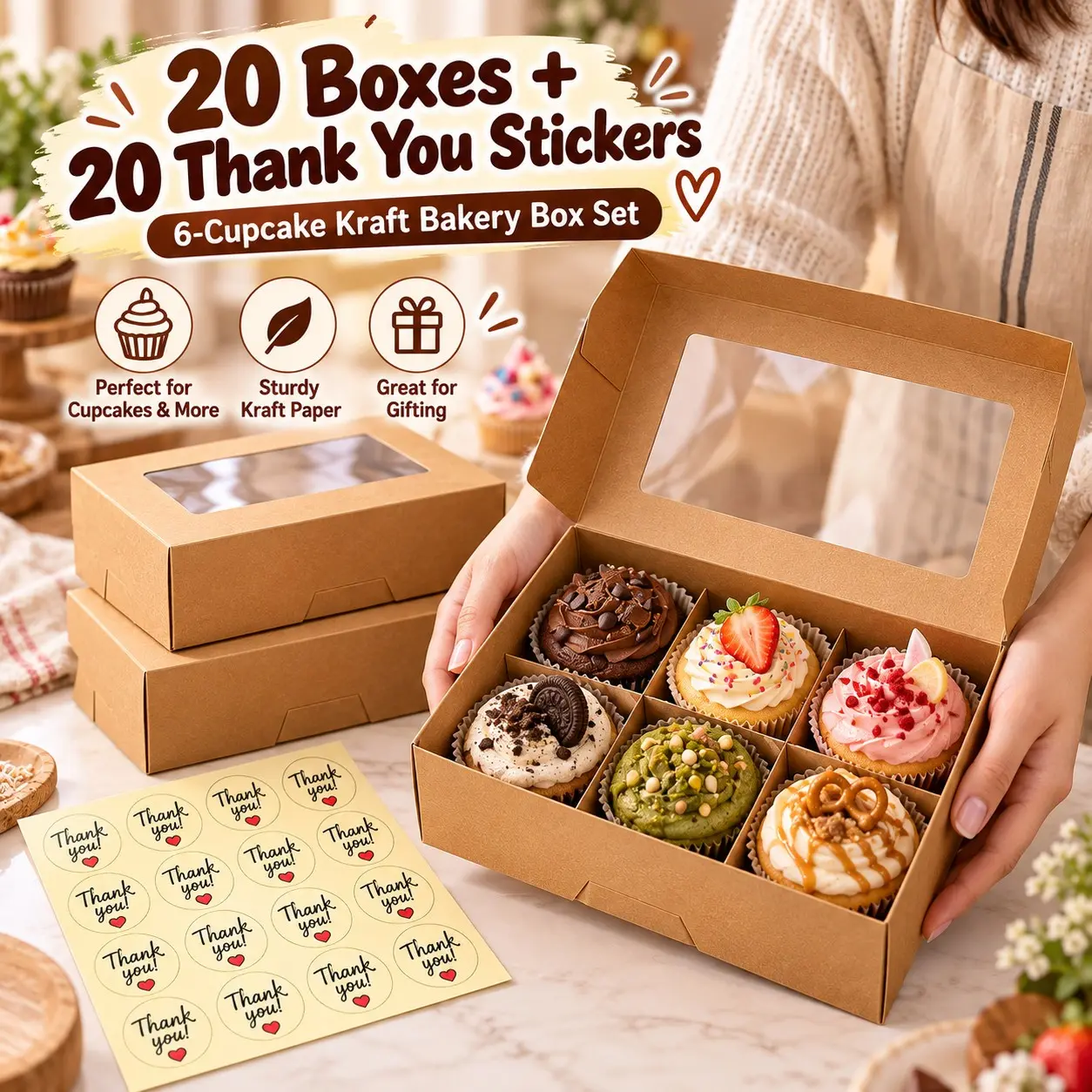 20 Pack 6-Cupcake Boxes with Clear Window, Kraft Bakery Dessert Boxes with 20 Thank You Stickers for Cupcakes, Cookies, Brownies, Parties, Gifts & Small Business