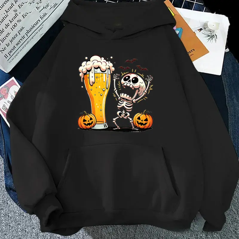 Men's Thin Fleece Hoodie - Menswear, Novelty Spooky Funny Skeleton Beer Pumpkin Graphic, Kangaroo Pocket, Ribbed Wrinkle-Resistant Hem, Halloween Costume Casual Hooded Top for Matching Outfits