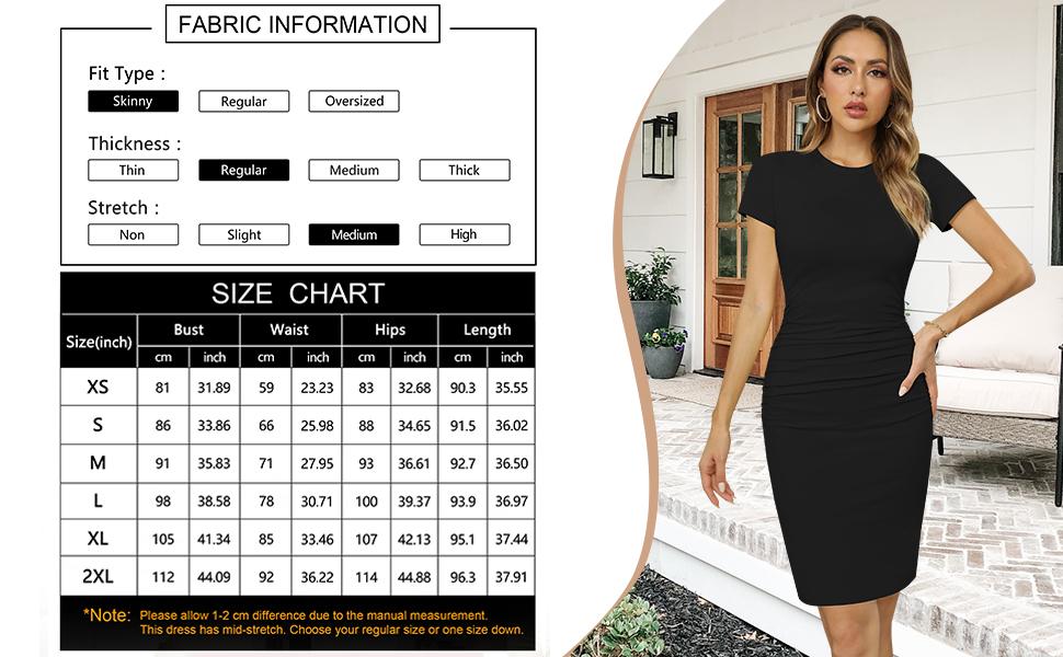 Women's Cotton-Blend Short-Sleeve Crew Neck Ruched Plain Basic Bodycon Sundress - Knee-Length, Breathable Elastic Fabric, Maternity Outfits, Machine Wash, Casual Dating Wear