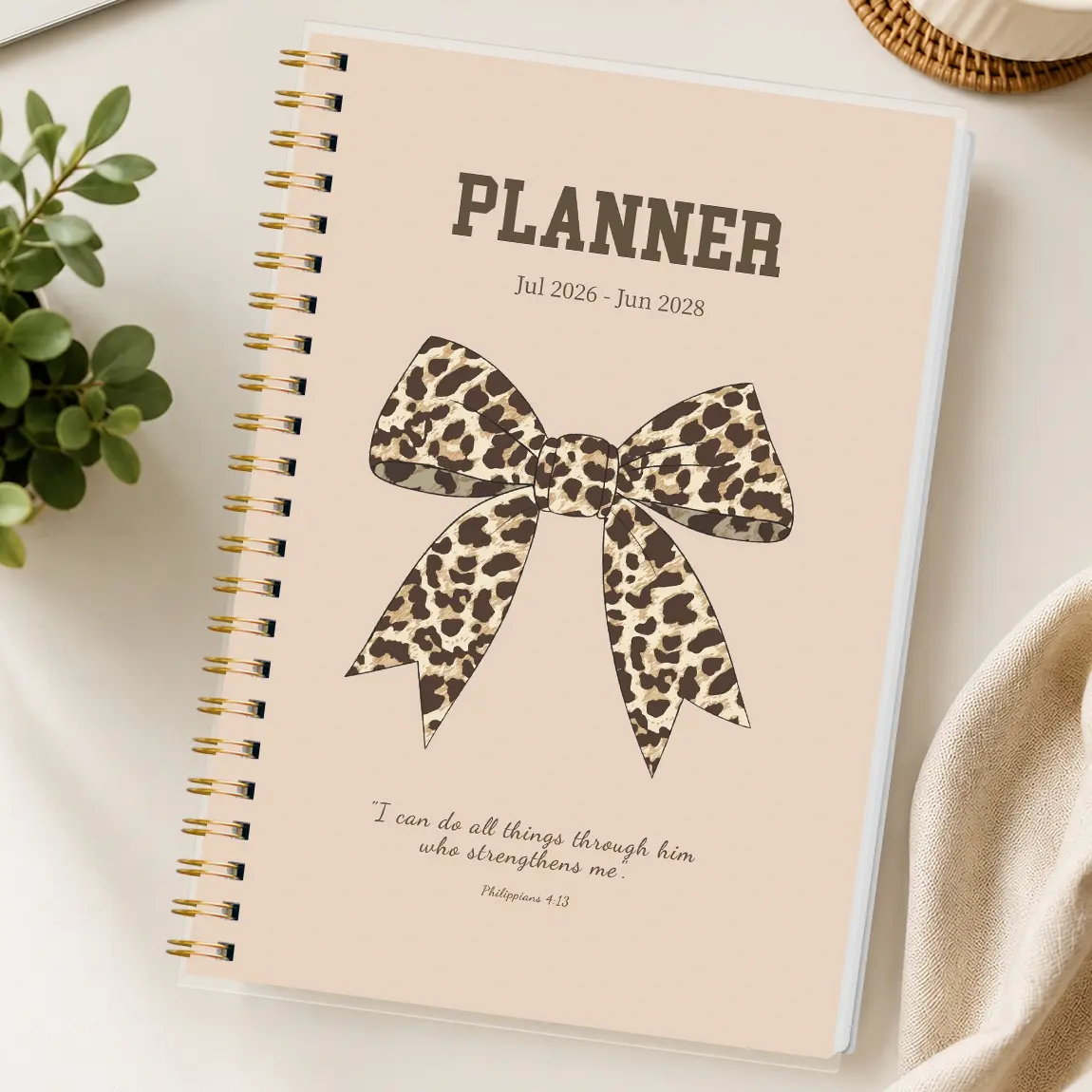 A5 Size Planner Notebook, Spiral Binding, Spiral Bound Planner, Leopard Print Bow Cover, Calendar & Memo Management, Ideal for Study Office Daily Planning