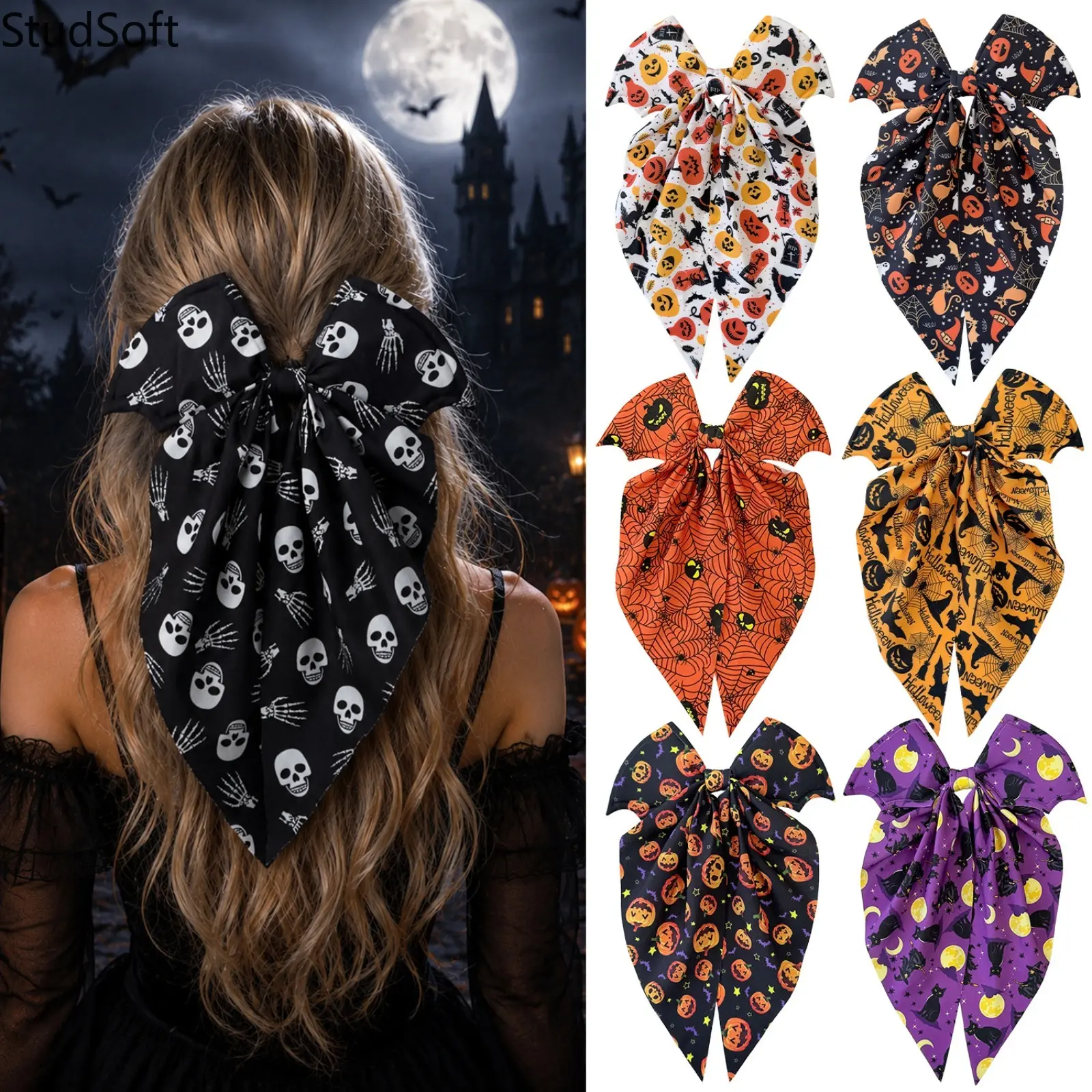 7Pcs Halloween Hair Bows Cute Big Bow Scrunchies Long Tail Ribbon Ponytail Holder Skull Pumpkin Hair Ties Girls Festive Party Hair Accessories