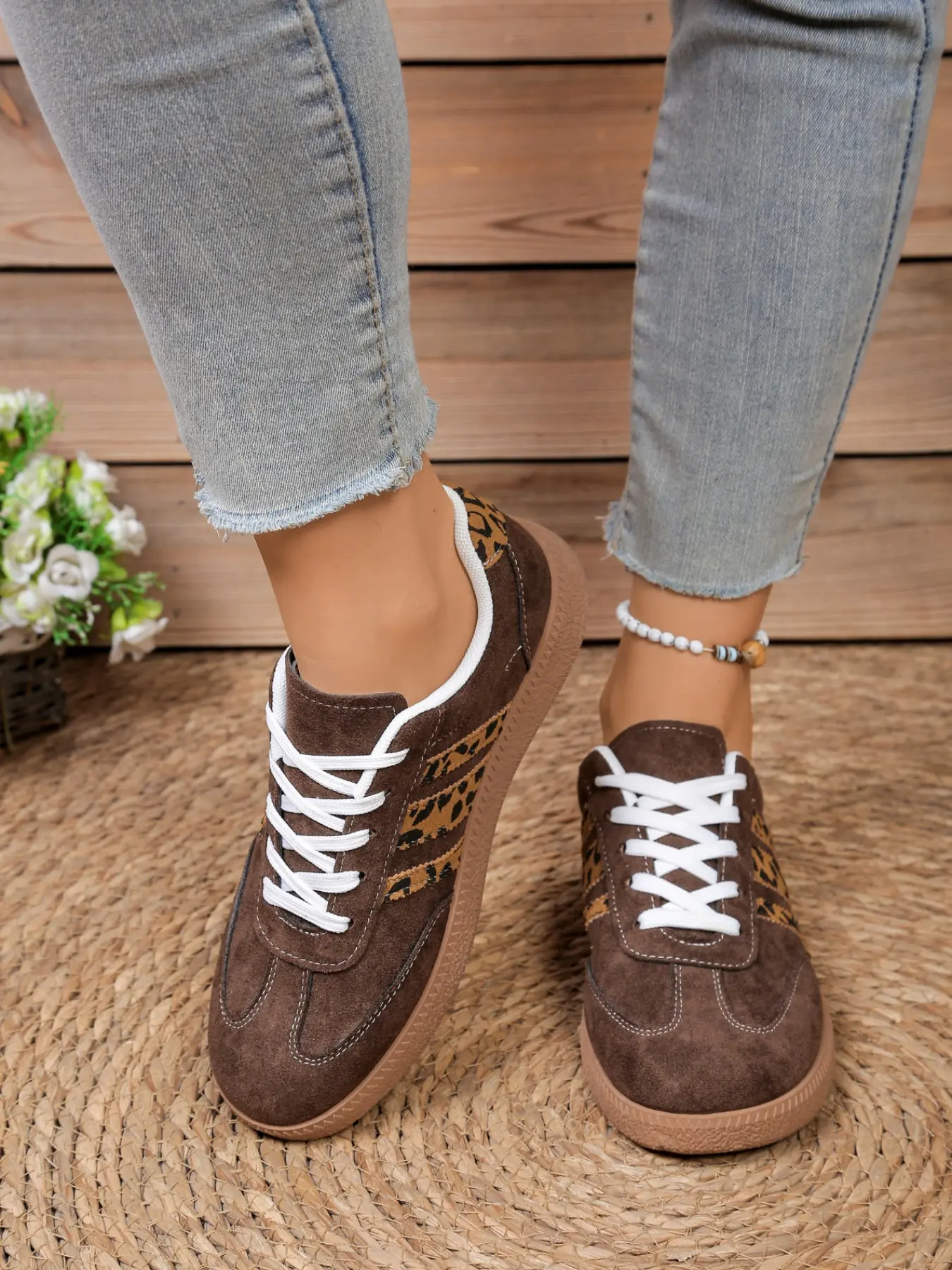 Women's Leopard Print Colorblock Training Shoes, Vintage Casual Low Top Sneakers, Soft Breathable All Season Flat Shoes, Trainer