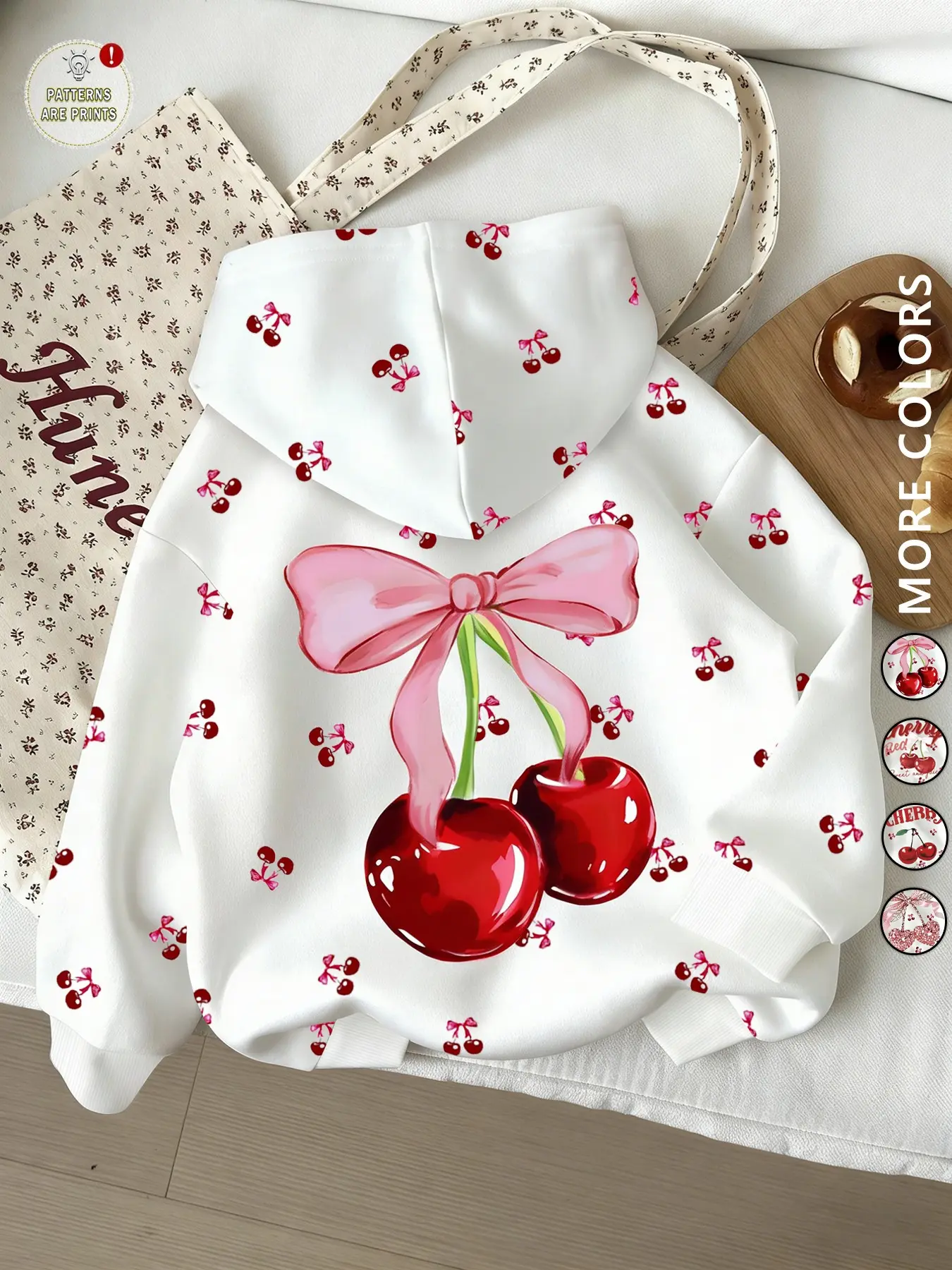 Women's White Hooded Zipper Sweatshirt, Cute Cherry Print, Long Sleeve, Casual All Seasons, Y2K Style, Comfortable Daily Wear