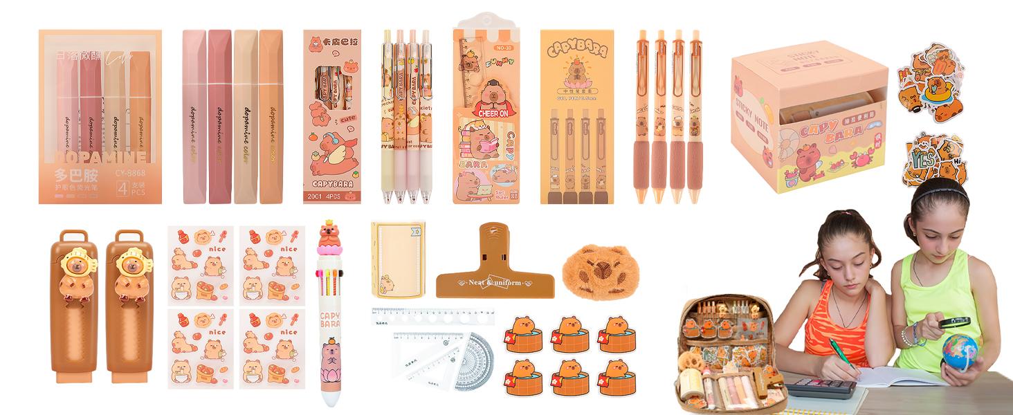 Lebaley Capybara Gifts - 27PCS Capybara Pencil Case,Capybara Stationery Set,Cute Back to School School Supplies,Pencil Bag include Gel Pens Pencil Sticky Notes Pins Notebook Card Holder Key Chain