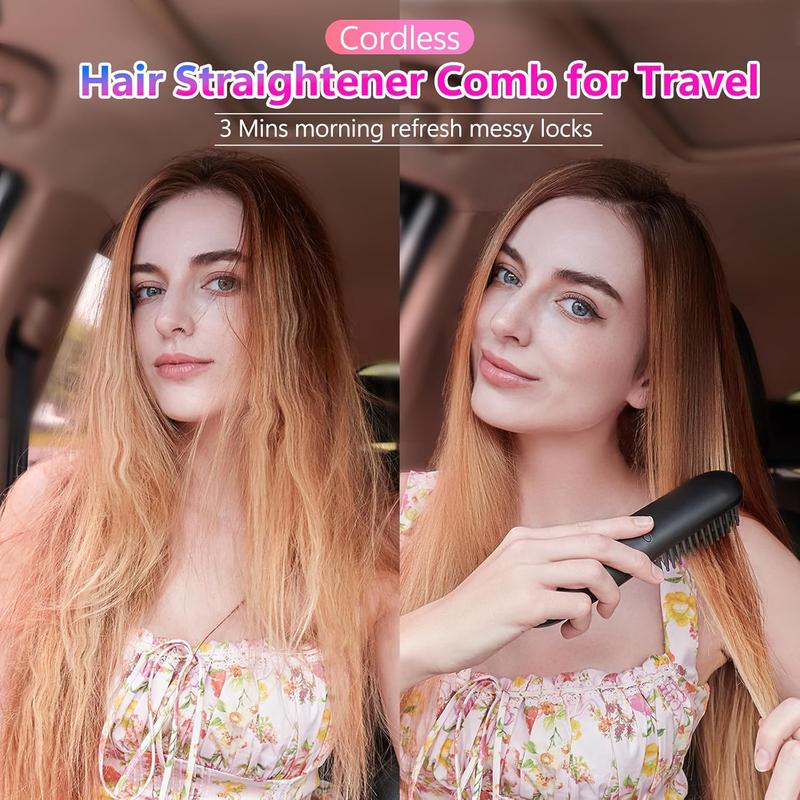 Portable Cordless Hair Straightener, Hair Straightening Iron, USB Rechargeable Hair Straightening Comb, 2-in-1 Hair Styling Tool for Home, Office and School