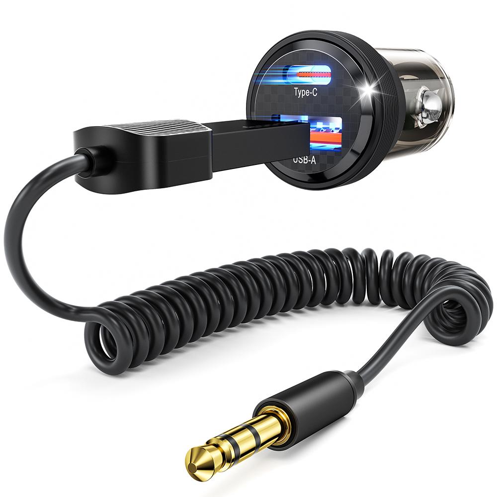 Toocki Car Aux to Bluetooth 5.4 Adapter and 33W USB C Car Charger Dual Port Fast Charging Car Charge QC3.0 PD36W Cigarette Lighter Adapter（Combination two-piece set ）