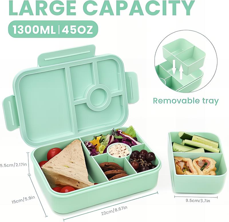 Bugucat Leak-Proof Bento Lunch Box 1300ML with 6 Compartments, Kids & Adult Bento Box with Cutlery, Dishwasher & Microwave Safe, High-Quality PP Material, 22x15x5.5 cm, Ideal for School, Kindergarten, Office