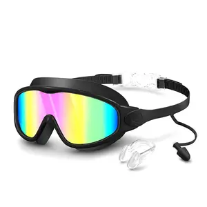 Swim Goggles with Waterproof Earplugs & Nose Clip for Adults/Kids, Anti-Fog Full-Coverage 180 ° Wide View Swim Goggles, Bright Multicolor UV Lens, Fit Outdoorfun