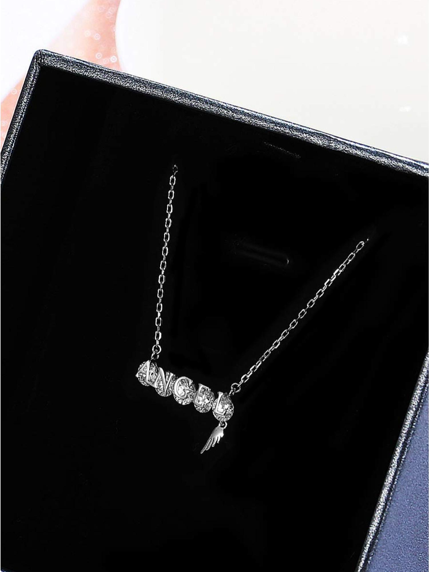 1 Pc Elegant Silvery ANGEL Letter Necklace with Sparkling Swarovski Crystal for Women Men Angel Wing Charm Trendy Meaningful Jewelry Piece Constructed with Durable Hypoallergenic Copper Lightweight Skin-friendly Ideal for Prolonged Daily Wear