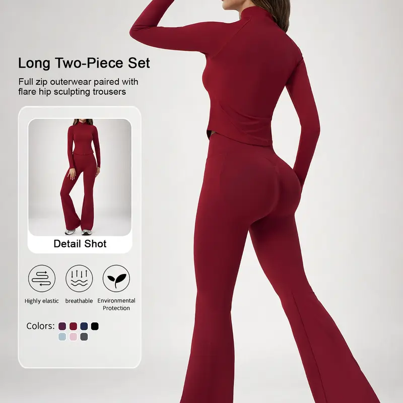 Women's 2-Piece Sportswear Set, Fitness Outfits, Long Sleeve Slim Fit Top & High Waist Tight-Fitting Pants, Yoga Gym Running Comfortable Breathable