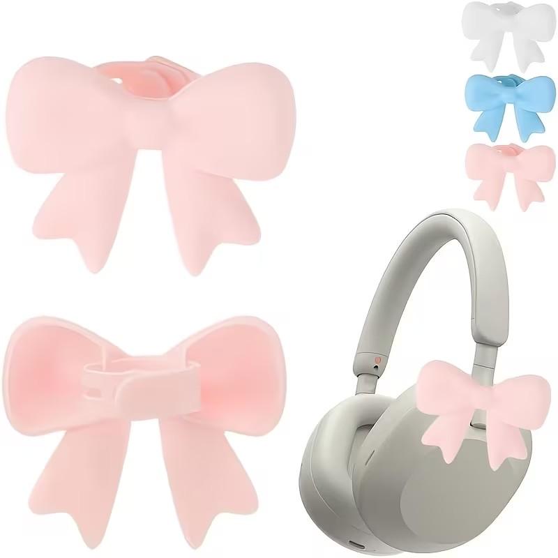 Silicone Bow Headset Accessories, 2 Pack 3D Bow Headset Decoration, Cute Headset Pendant, Girl Heart Silicone Bow Clip, 3 Colors Optional, Aesthetic