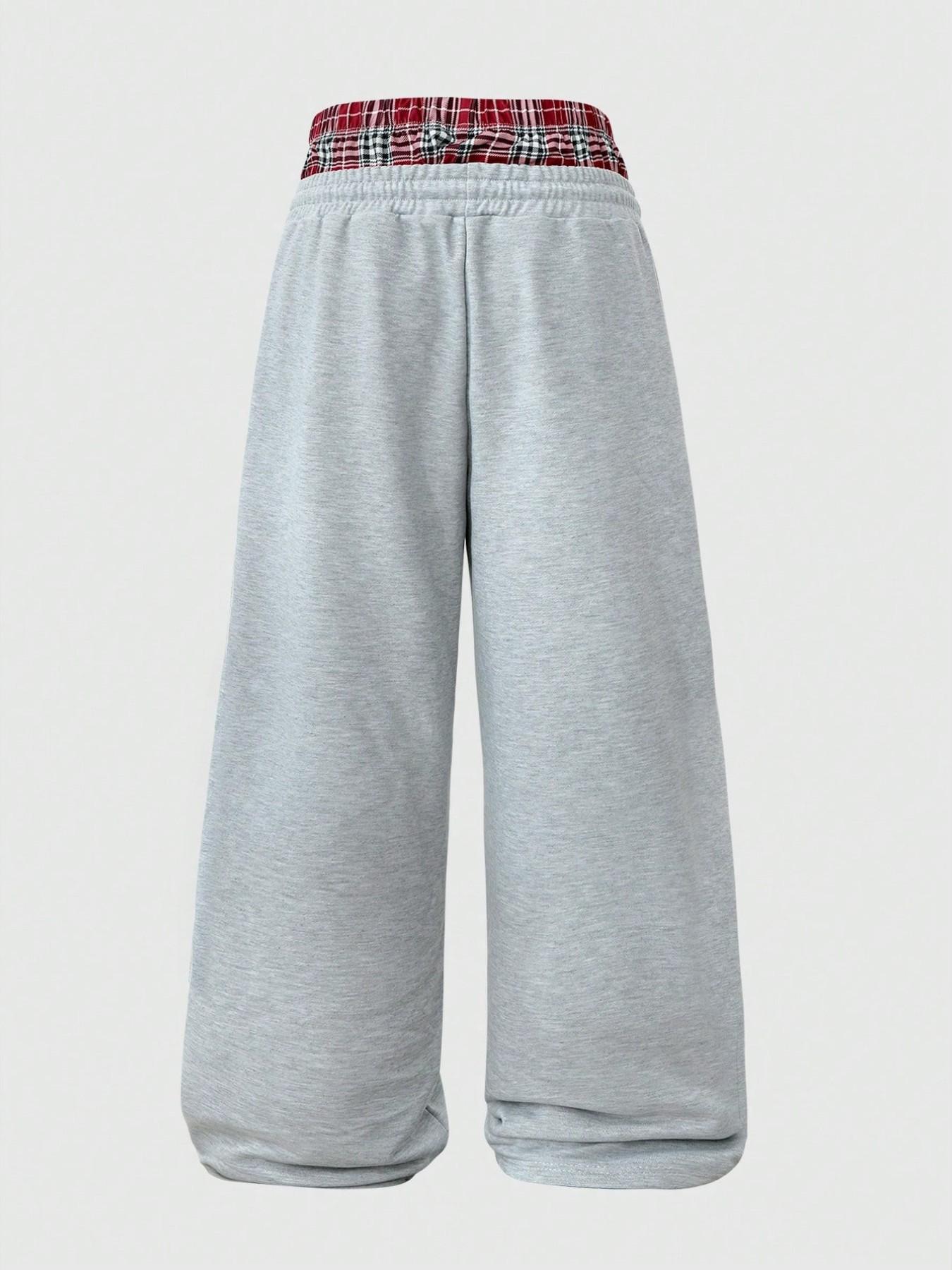 1 Piece Men's Baggy Sweatpants High Street Y2K Grunge Layered Plaid Waistband Wide Leg Drawstring Trousers Male Skateboard Casual Pants Grey
