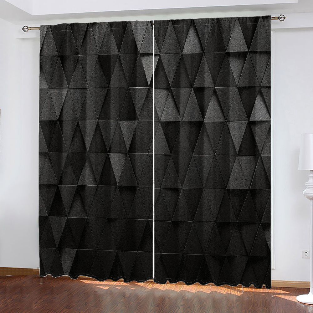 2D Flat  2-Pack Dark Gray Black Triangle Grid 3D Textured Curtains, Modern Abstract Geometric Pattern Light Filtering Blackout Curtains for Living Room Bedroom, Room Decor Curtain, Dimensional Layered Design with Angled Edges