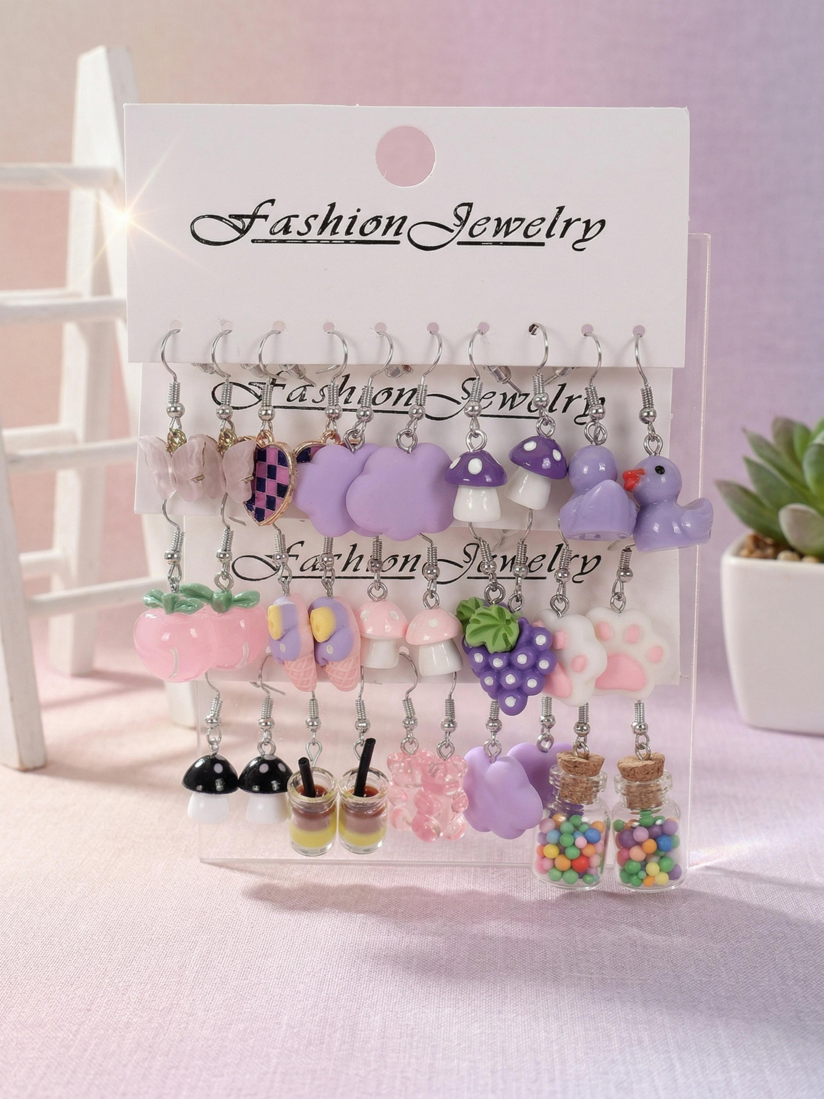 30pcs Fun Series Earrings Set, Cloud Duck Heart Grape Design, Cute Fashion Jewelry for Women, Unique Gift Idea