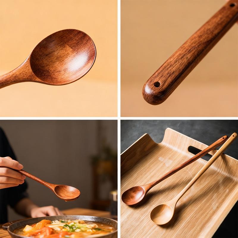 4/6 Piece Long Wooden Cooking Spoons, Durable Stirring Tools, Dishwasher Safe, Ideal for All Pots, Home & Professional Kitchen, Kitchen Utensils Set
