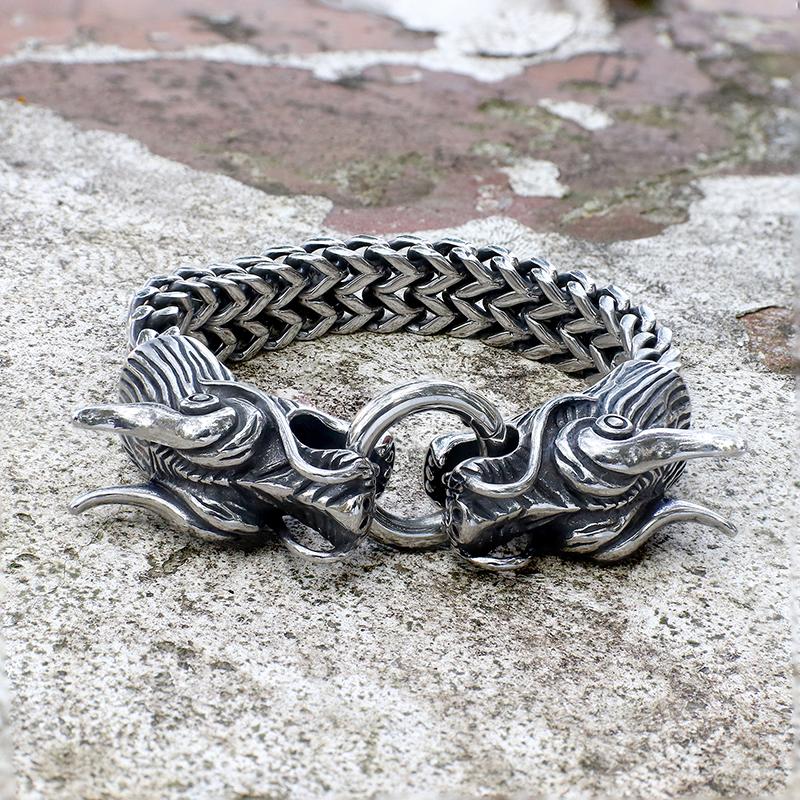 GTHIC Punk Double Chinese Dragon Stainless Steel Bracelet Spirit Animal Jewelry for Men Father's Day Gift