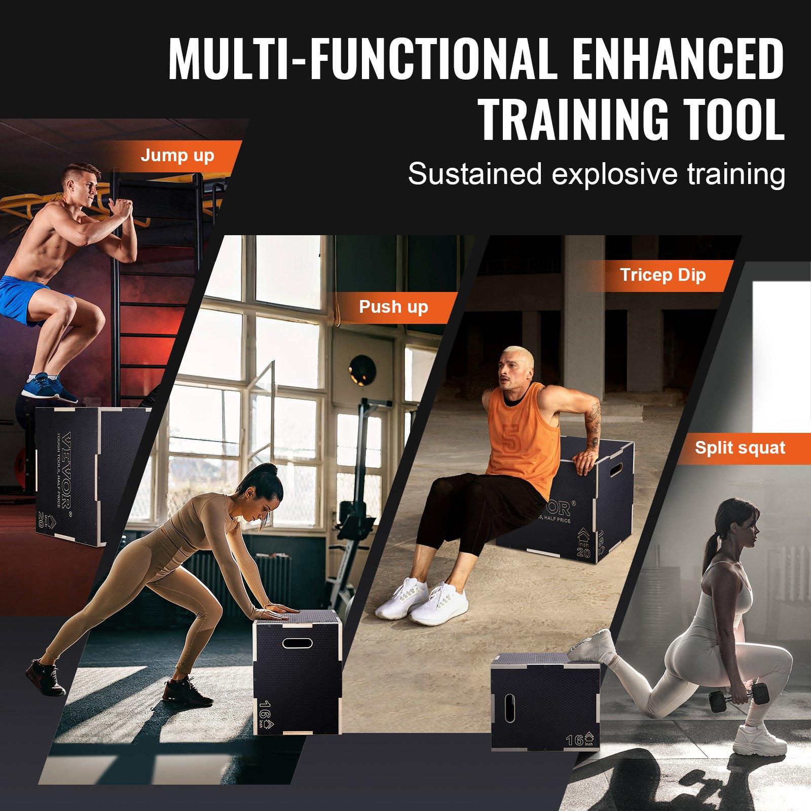 【FathersDayGift】VEVOR 3 in 1 Plyometric Jump Box, 24/20/16 Inch Wooden Plyo Box, Platform & Jumping Agility Box, Anti-Slip Fitness Exercise Step Up Box for Home Gym Training, Conditioning Strength Training, Black