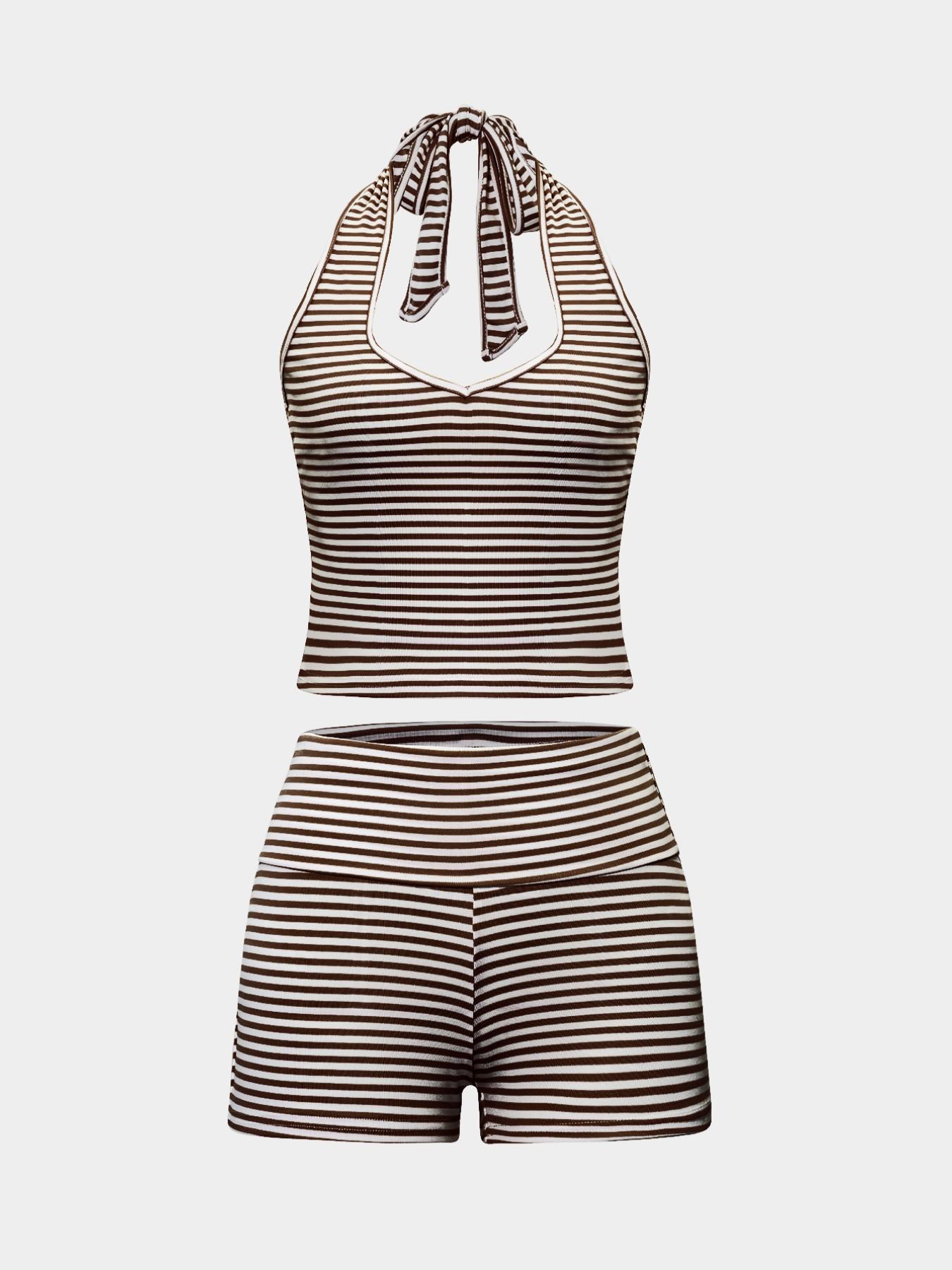 Women's Casual Striped Halter Neck Crop Top & Shorts Set, Summer Fitted Two-Piece, Regular Length, Moderate Fabric Thickness, Womenswear