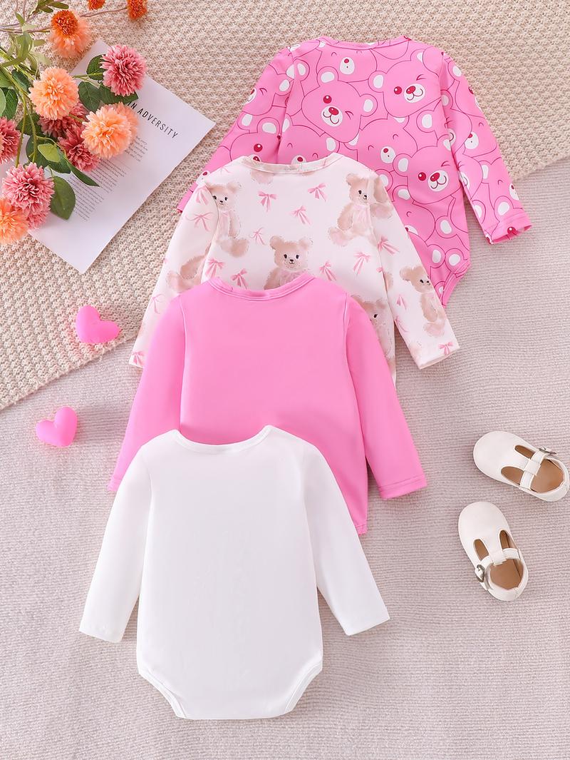 Baby Girls' Soft Comfortable Cartoon Bear & Bow Print Long Sleeve Onesies Set, Cute Sweet Fitted Above the Knee, 4 Pieces Baby Clothes Girl Spring Summer Fall Winter