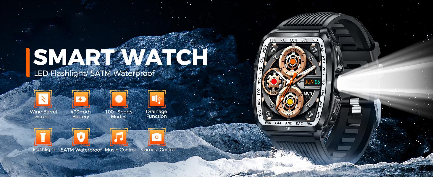 Smartwatch with LED/ UV Flashlight 5ATM Waterproof Smart Watches with Wireless Calling 100+ Sports Modes Diving Watch Multifunctional Digital Watch Gifts for Men Smartwatch with LED/ UV Flashlight 5ATM Waterproof Smart Watches with Wireless Calling 100+ Sports Modes Diving Watch Multifunctional Digital Watch Gifts for Men