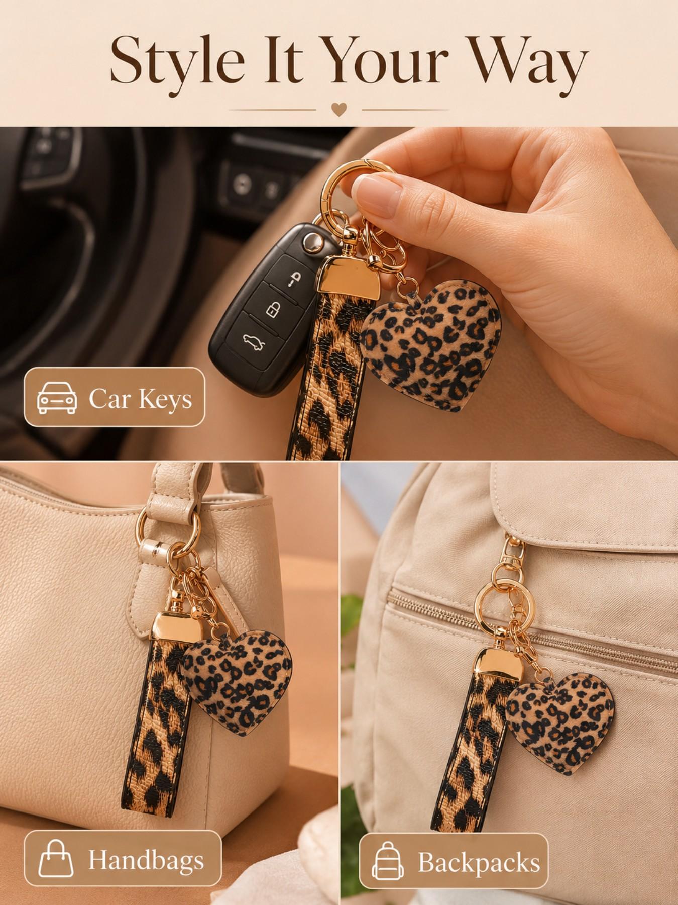 Leopard Print Heart/Star Purse Charm Bag Keyring & Leopard Print Car Key Fob Lanyard with Anti-Lost D-Ring Faux PU Leather Keychain Car Key Holder Strap Animal Cheetah Print Car Key Handbag Charms Bag Pendant Backpack Automotive Accessories Couple Gift