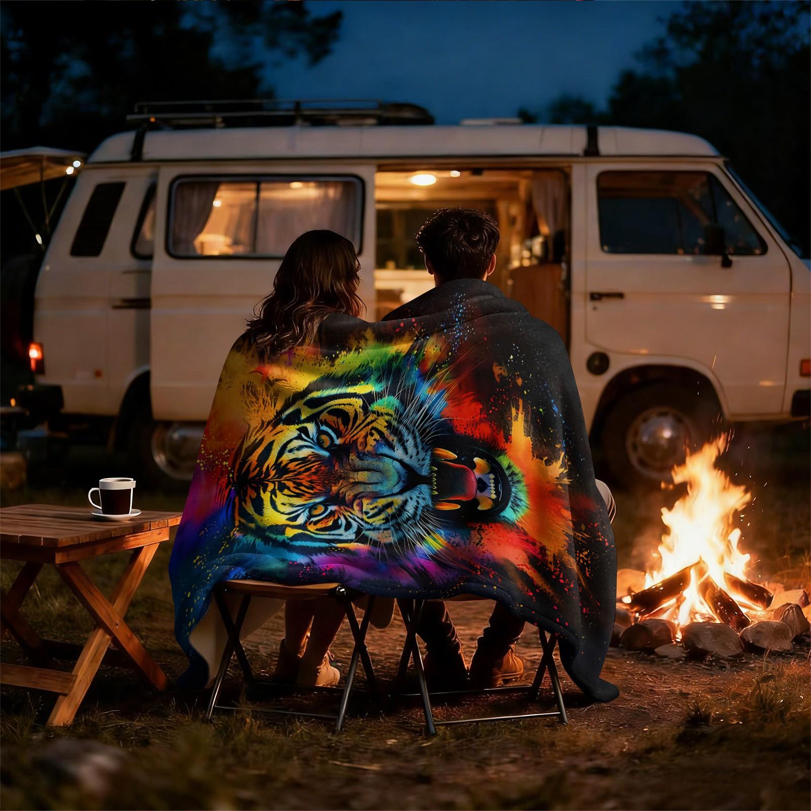 Vibrant Tie-Dye Tiger Print Flannel Throw Blanket, Soft Warm Cozy Fleece Blanket for Couch Bed Sofa, Bold Colorful Tiger Decorative Blanket, All Season Plush Blanket, Perfect Gift Blanket for Home, Travel, Nap, All Ages