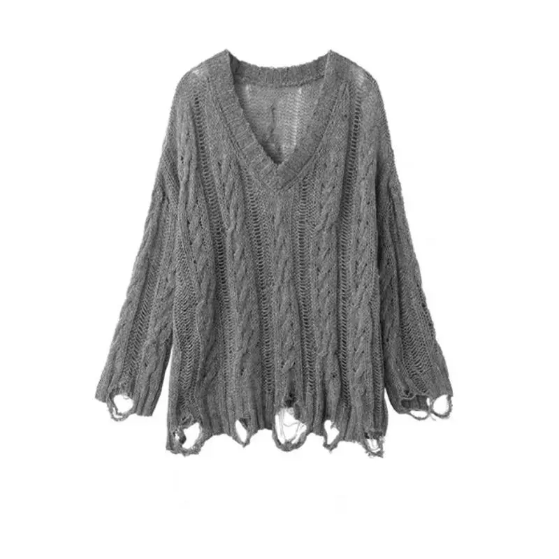 Distressed Sweater for Women See-through Openwork Knit Long Sleeve V-Neck Ripped Pullovers Teen-girl Y2K Grunge Outfit