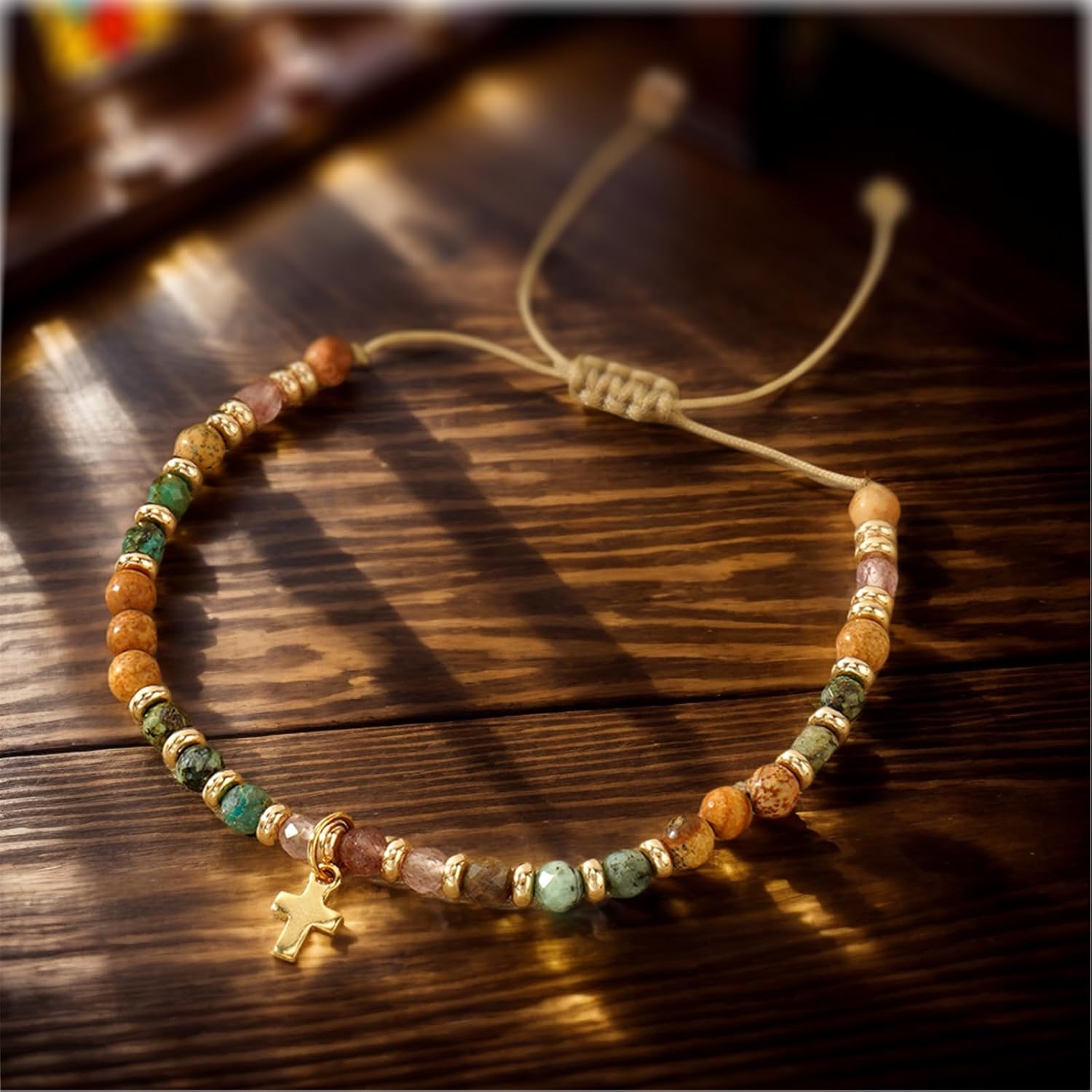 Bohemian natural stone cross bracelet, suitable for women, Christian faith jewelry, Christian religious cross natural stone bead bracelet with adjustable cord wrap, a meaningful gift for her.