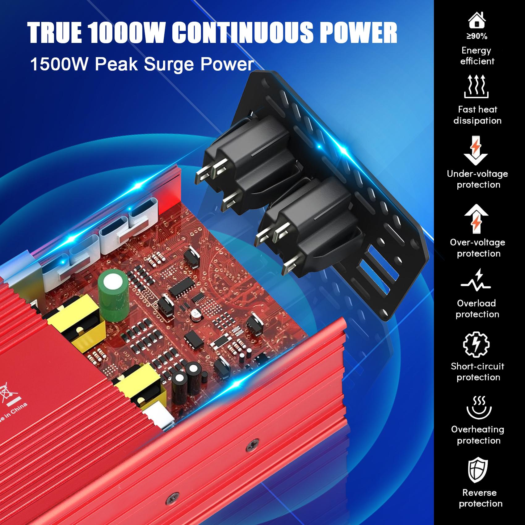 KUNLUN 1000W/1500W Peak Car Power Inverter | 12V DC to 110V AC Converter with Dual AC Outlets & USB Ports – Ideal for Boats, Off-Grid Systems, Solar Power, and Outdoor Travel Portable Socket Safety