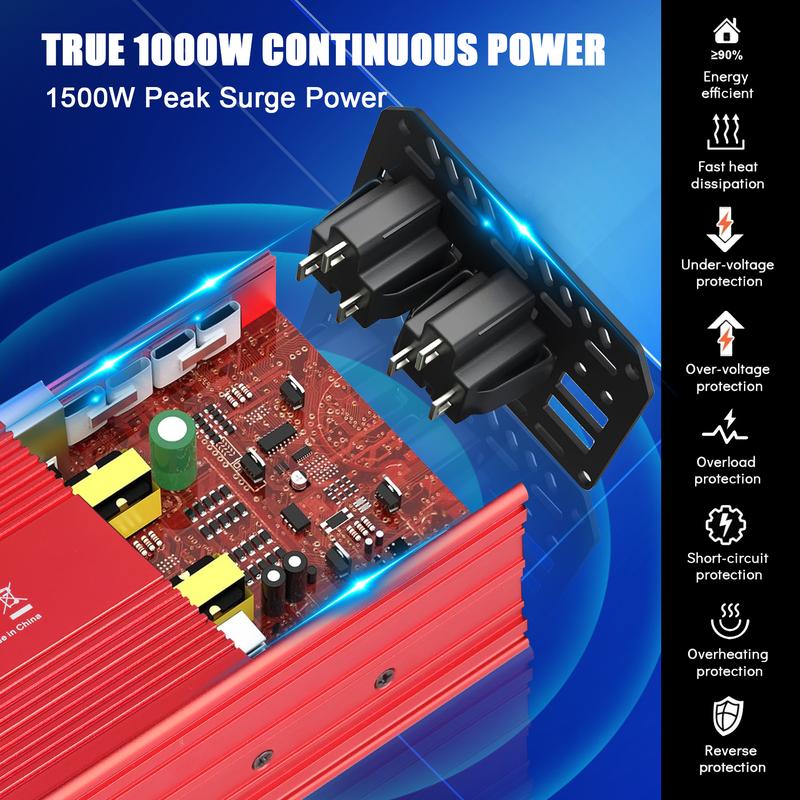 KUNLUN 1000W/1500W Peak Car Power Inverter | 12V DC to 110V AC Converter with Dual AC Outlets & USB Ports – Ideal for Boats, Off-Grid Systems, Solar Power, and Outdoor Travel Portable Socket Safety