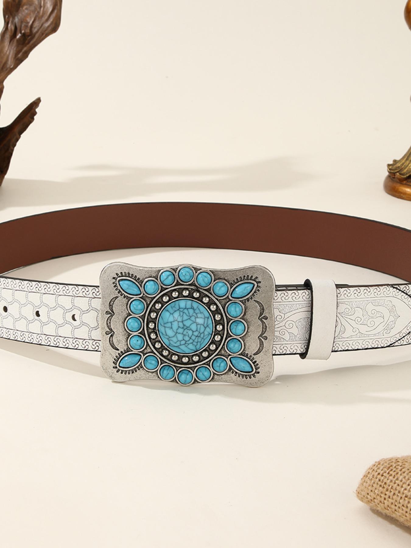 Wide Belt for Women, Vintage Court Style, Sapphire Inlaid Oval Western Buckle, Pants Waist Belt, Cross-Border Fashion Accessory