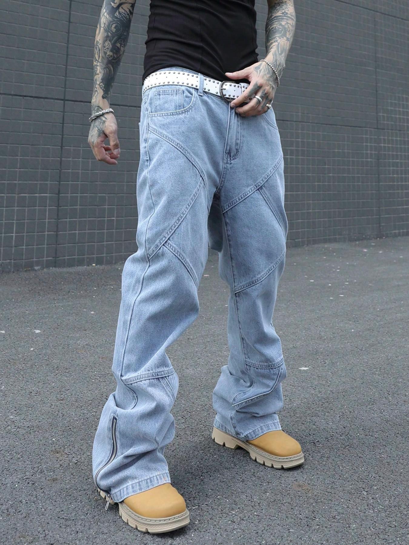 2026 Spring Summer Paris Style Loose Flare Light Washed Blue Denim Jeans, Streetwear Trendy Stylish Men's Fashionable Trousers, Versatile Casual Wear for Every Occasion Pants, Pocket