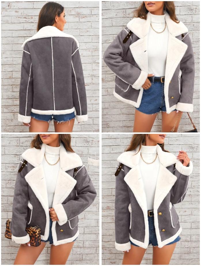 BIGWIG Lapel Plush Jacket Winter Warm Casual Outwear Women's Clothing Long Sleeve Suede Faux Sherpa Fur Lined Coats Basic Minimalist Pink Color