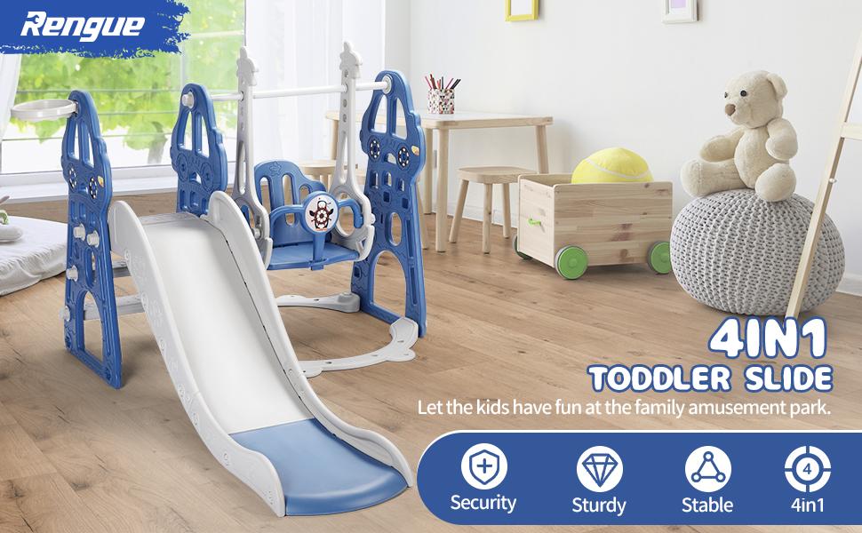 Rengue 4 in 1 Toddler Swing and Slide Set for Age 1-6 Indoor Playground for Children Baby Swing Set with Slide, Climber, Basketball Hoop and Long Slide for Boys and Girls Blue