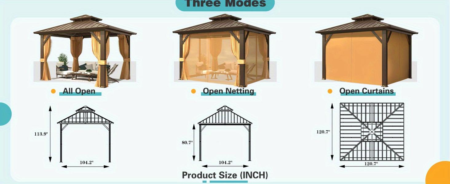 10' x 10' Hardtop Gazebo, Galvanized Steel Double Roof Gazebo with Aluminum Frame, Permanent Outdoor Metal Pavilion with Curtain and Netting for Patio, Lawn and Garden