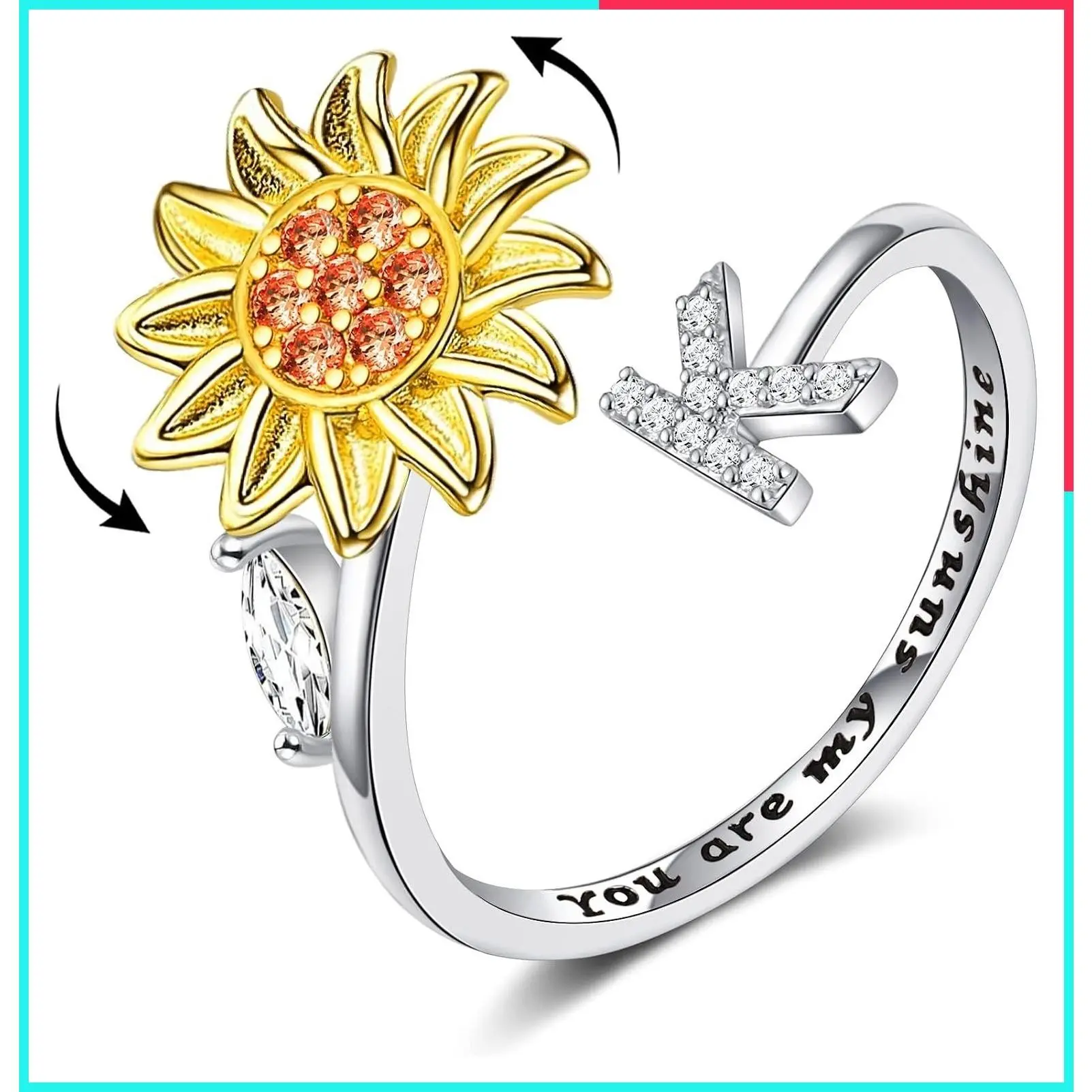 Sunflower Initial Letter Spinner Fidget Ring for Women Adjustable Open CZ Daisy Stress Relief Jewelry Valentine's Day Gift "You are My Sunshine"