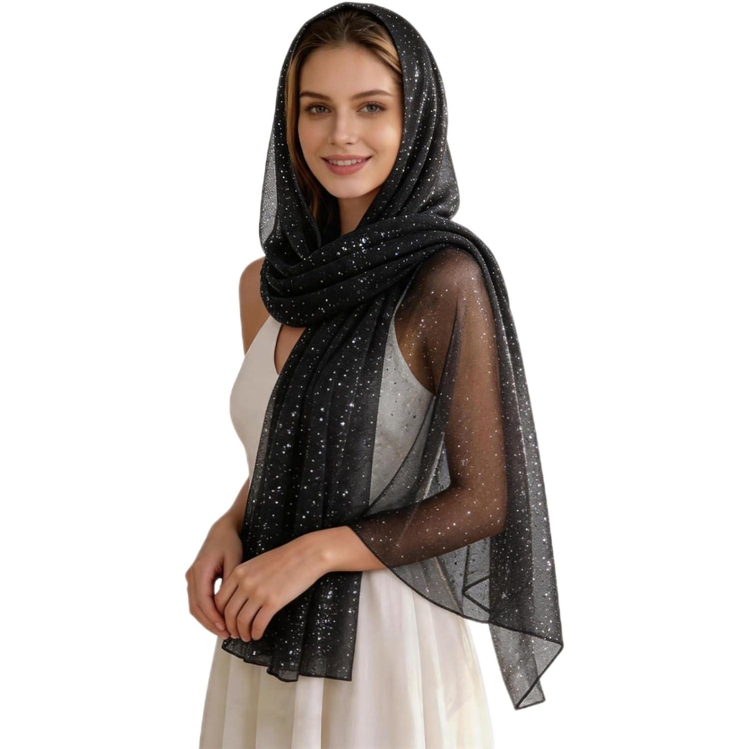 Women Sequin Scarf Sparkly   Scarf Hijab Sheer Mesh Scarves Glitter Shawls and Wraps for Evening Dresses