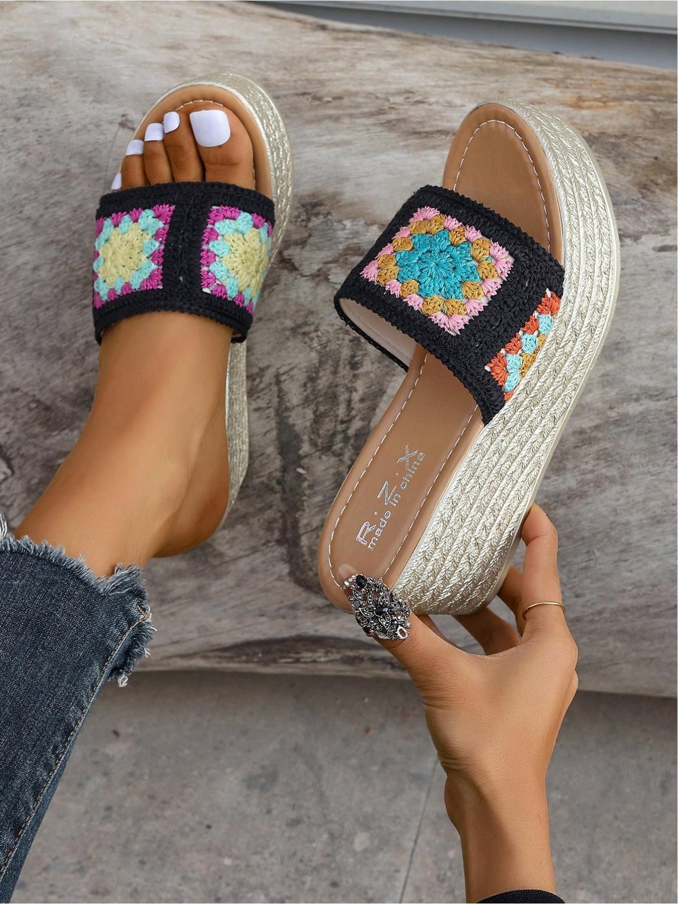 Vintage Bohemian Resort Style Handmade Crochet & Straw Wedge Heels, Breathable, Thick Sole, Anti-Slip, Multiple Sizes & Colors, Perfect for Daily Wear
