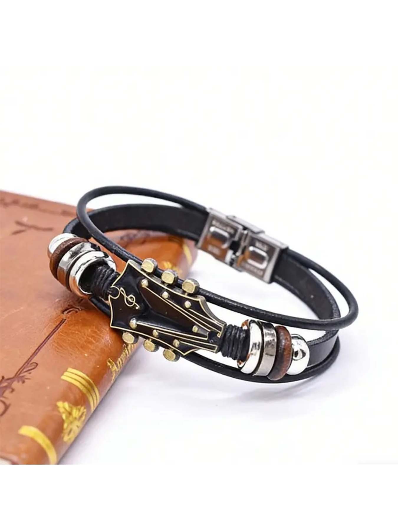 Vintage Guitar Leather Bracelet, Rock Tribute Design, Unique Gift for Musicians, Essential Fashion Accessory for Music Lovers
