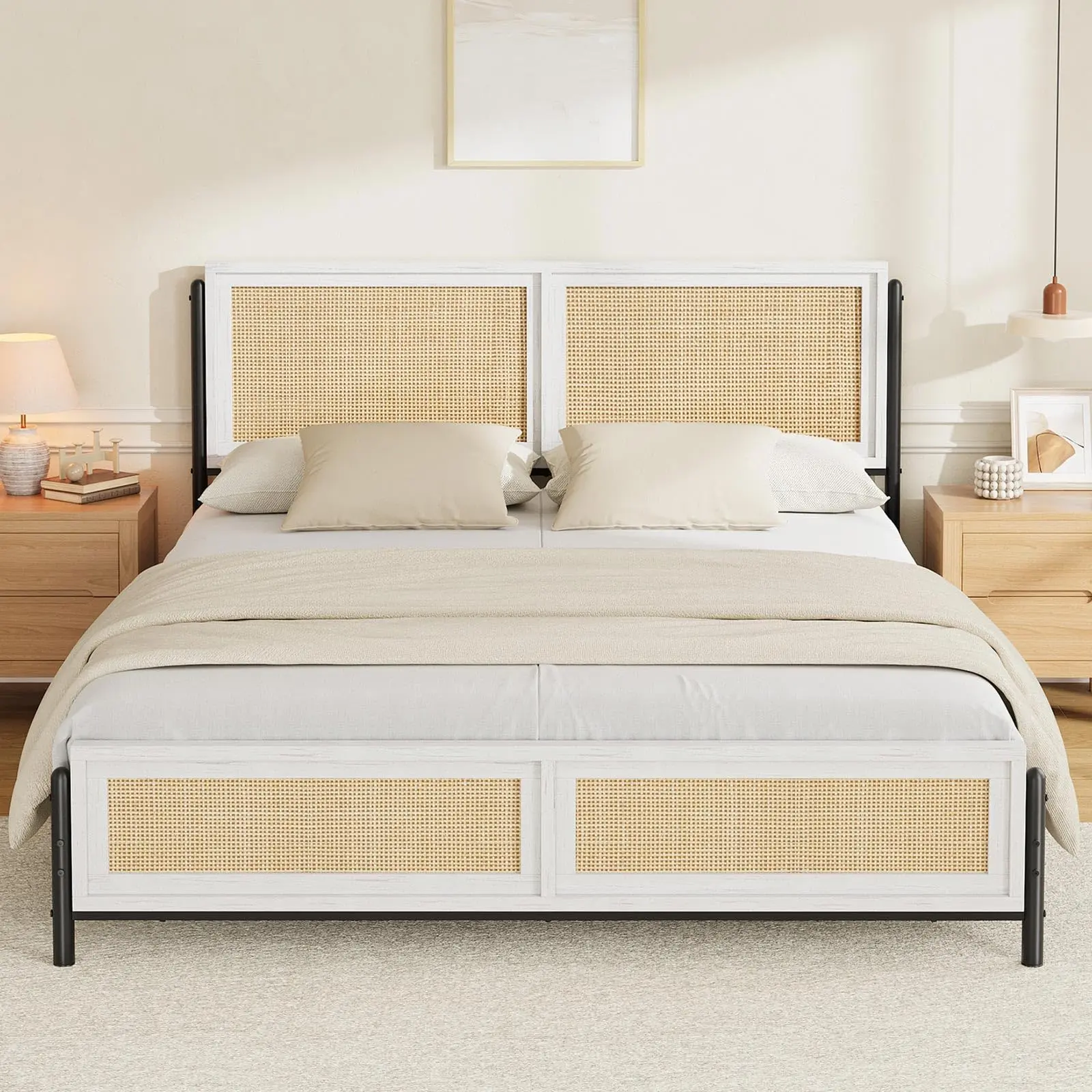 Queen Size Rattan Bed Frame with Natural Headboard & Footboard, Boho Platform Bed, No Box Spring Needed, Noise-Free, Easy Assembly, White
