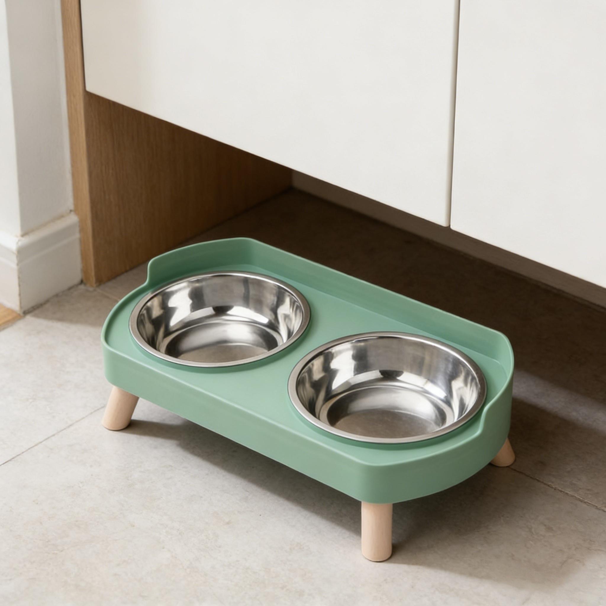 Pet Dual Bowl Food Dish, Scientific Neck Protection Design, Anti-Spill Wide Base, Stainless Steel, Water Bowl Included, Essential Pet Accessory