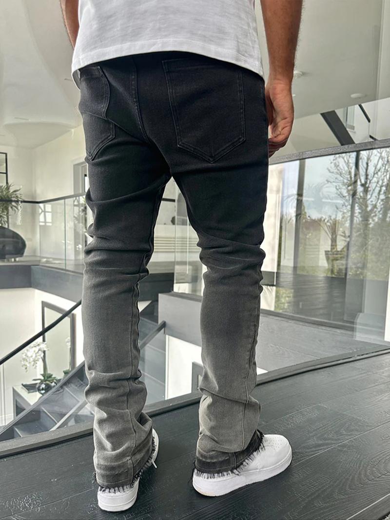 Men's Slim Fit Elastic Straight Leg Jeans, Vintage Washed Distressed Gradient Street Style, All-Season Fashion Pants