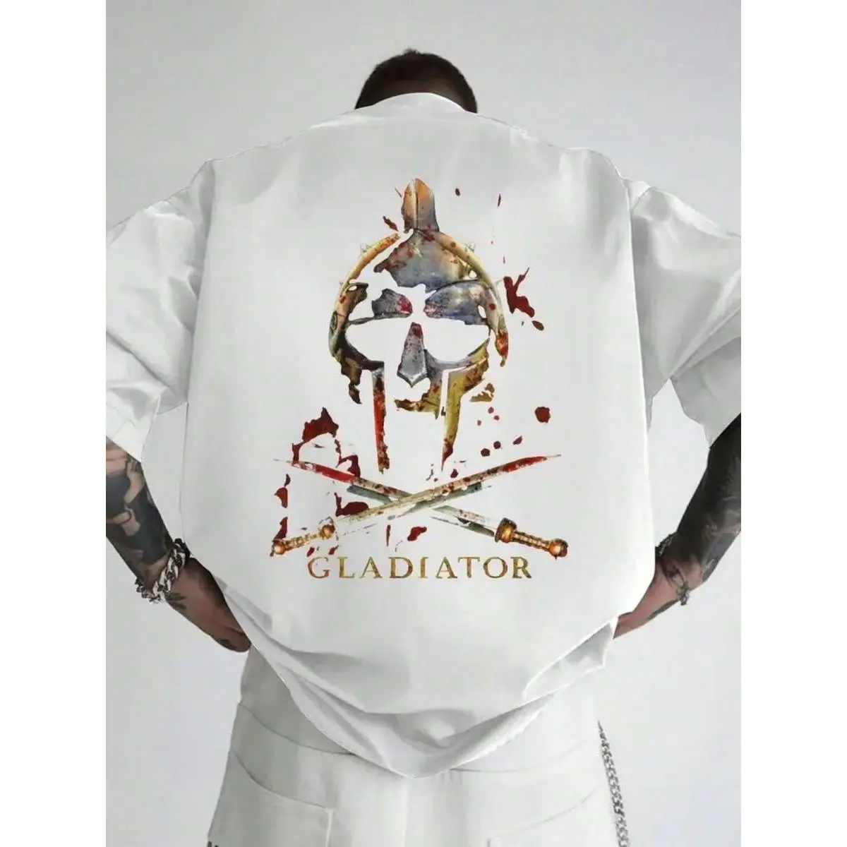 [Sporty-Shirt]Men'S% Oversized Gladiator Graphic-Shirt - Roman Gladiator Helmet & Crossed Swords Print, Soft Breathable Fabric, Loose Fit Roun