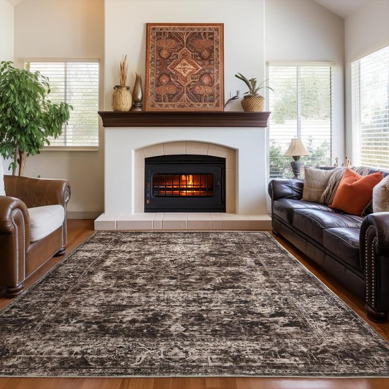 Brown Washable Vintage Faux Wool Throw Bedroom Rug, 0.3 In Low Pile & Non-Slip Indoor Floor Carpet For Home Office, Kids Room, Bedside, 4x6, 5x7, 6x9, 8x10, 9x12 Feet rugs living room