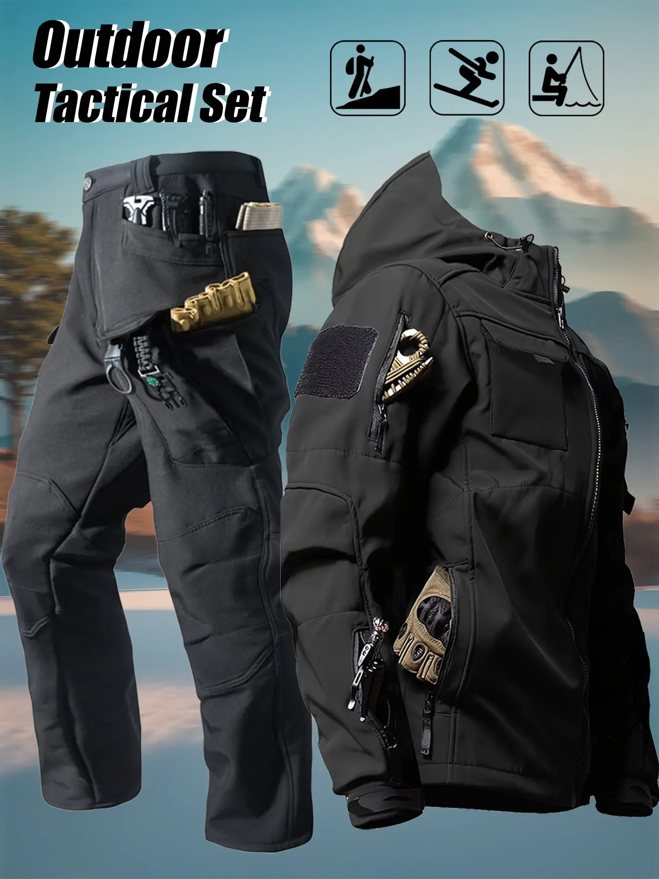 Men's Tactical Fall/Winter Outdoor Training Set, Multifunctional sportswear set, featuring a fleece-lined tactical jacket and work pants with multiple pockets, made from warm, windproof, and durable fabric, ideal for outdoor sports, training