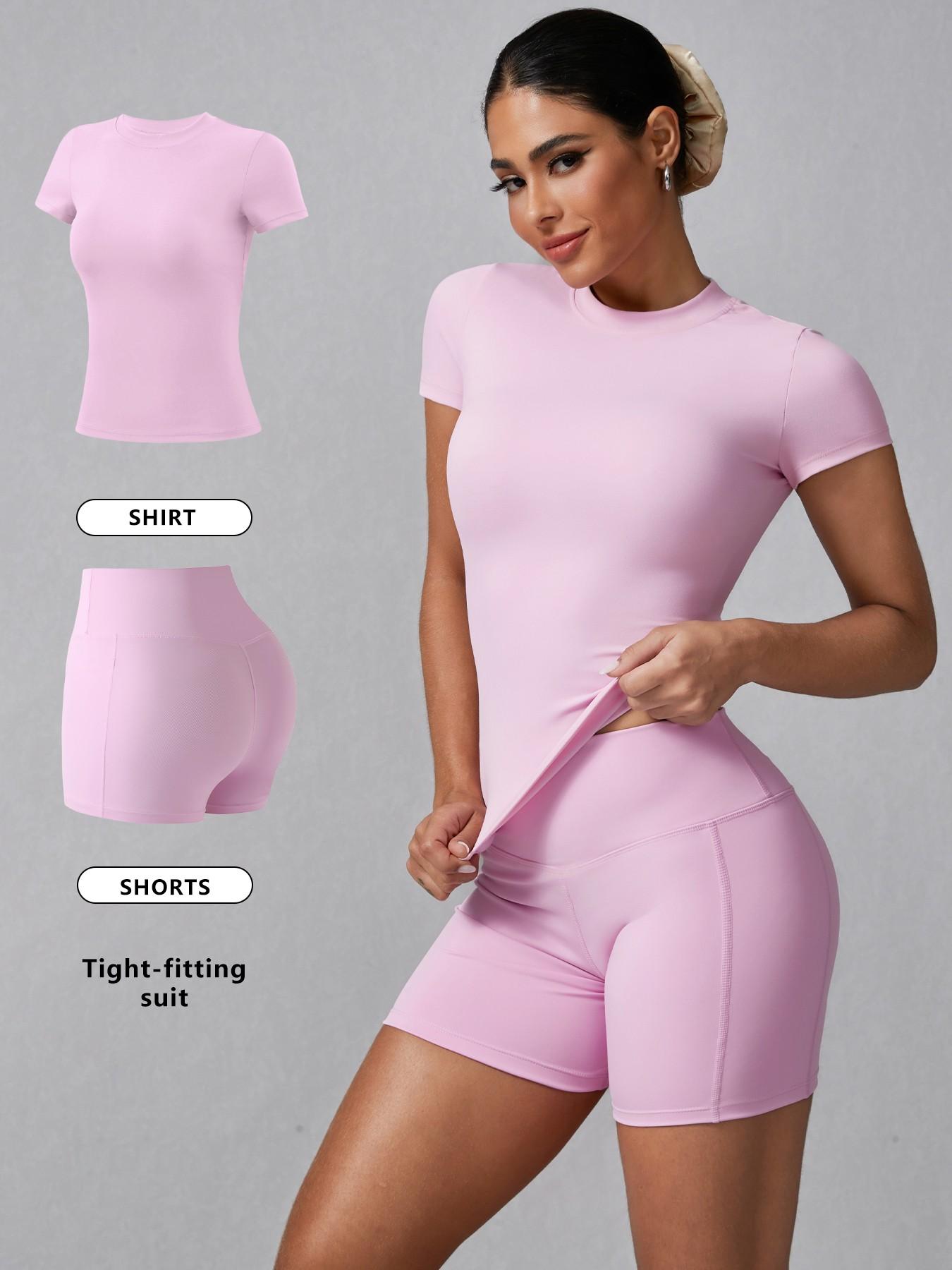 Women's Solid Ribbed Tee & High Waist Shorts Loungewear, Casual Comfy Round Neck Short Sleeve T-Shirt & Skinny Shorts PJ Set, Ladies Sleepwear for Summer, Pajama